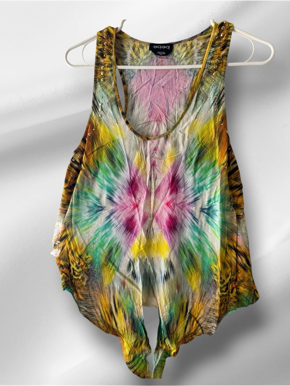 Bebe Y2K Tie Front Tank Top Studded Vibrant Abstract Tiger Print Medium